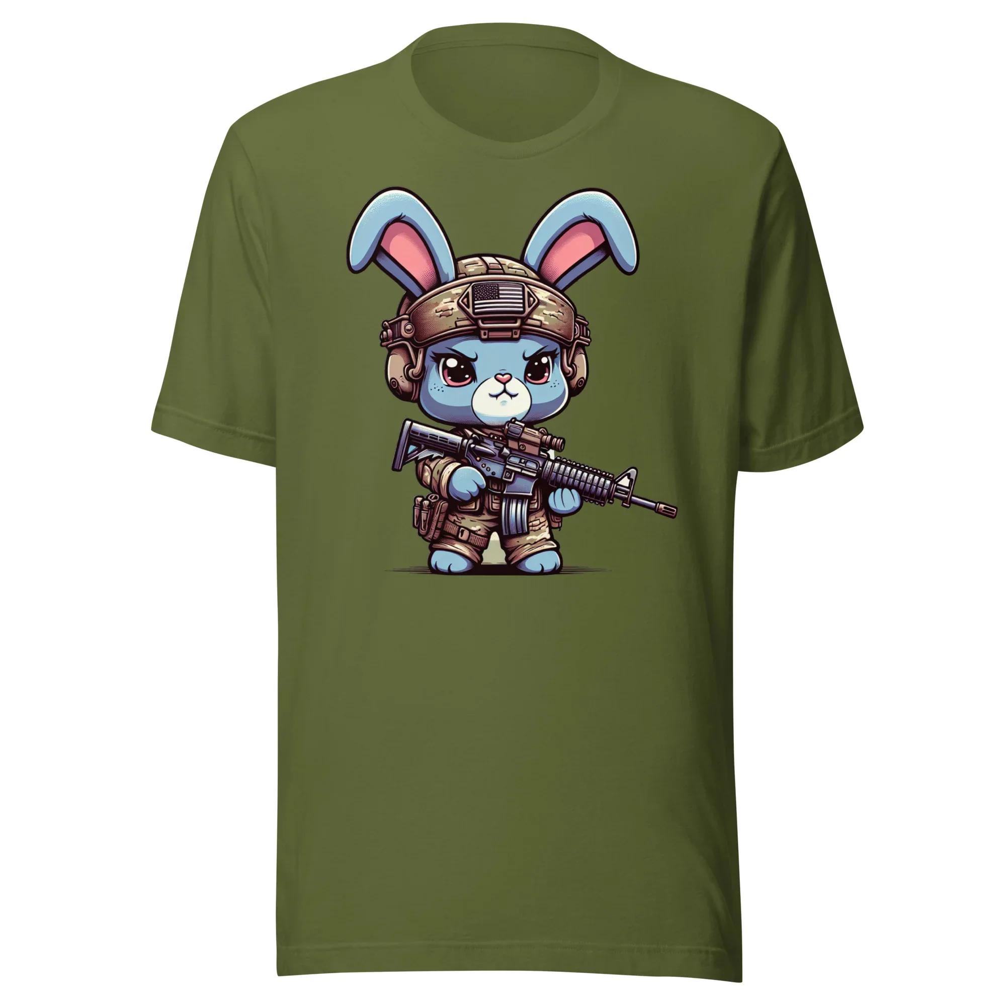 Tactical Cartoon Angry Bunny Carrying an AR15 Rifle - Mini Morale - Unisex T-Shirt Bad Bunny Collection - Image 4