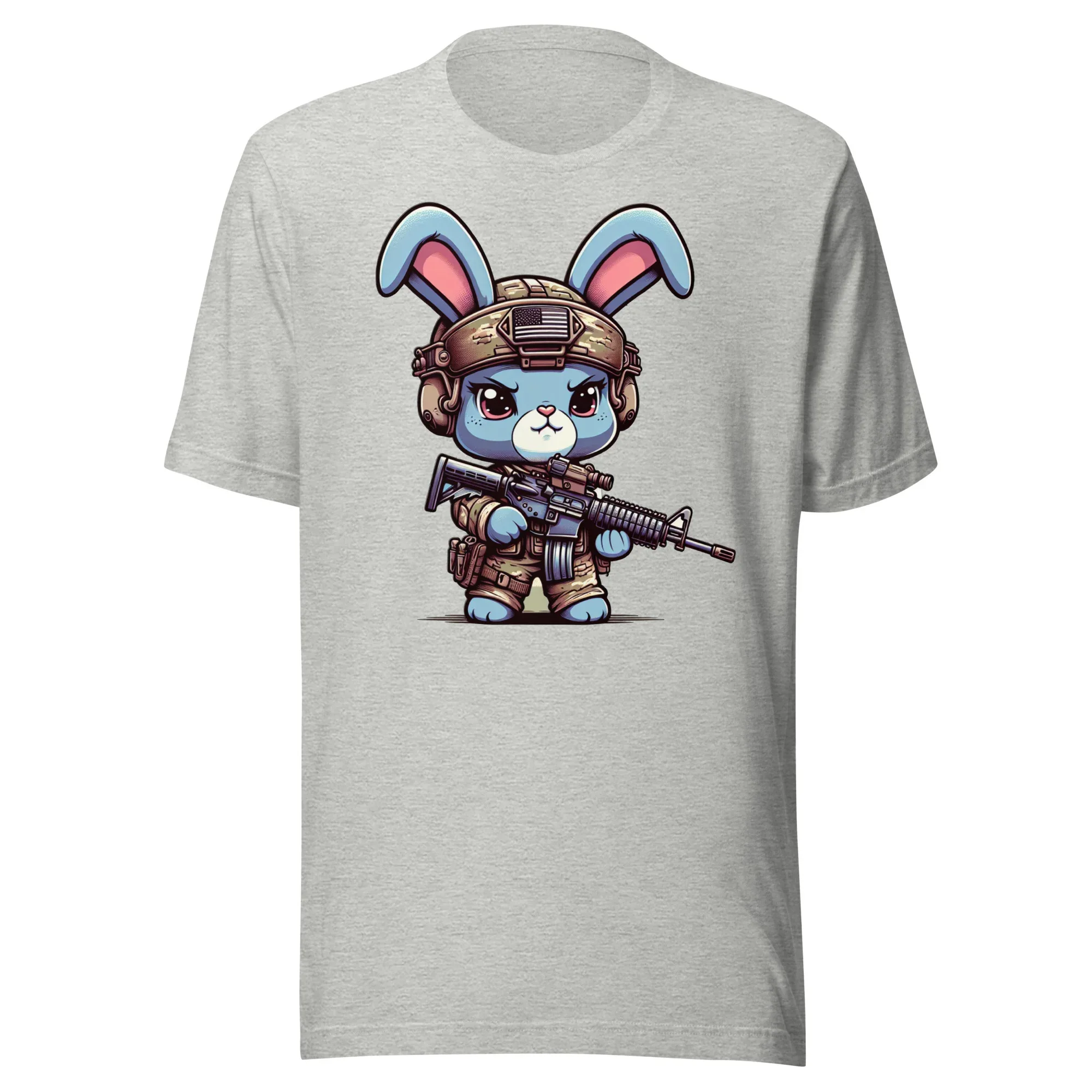 Tactical Cartoon Angry Bunny Carrying an AR15 Rifle - Mini Morale - Unisex T-Shirt Bad Bunny Collection - Image 9
