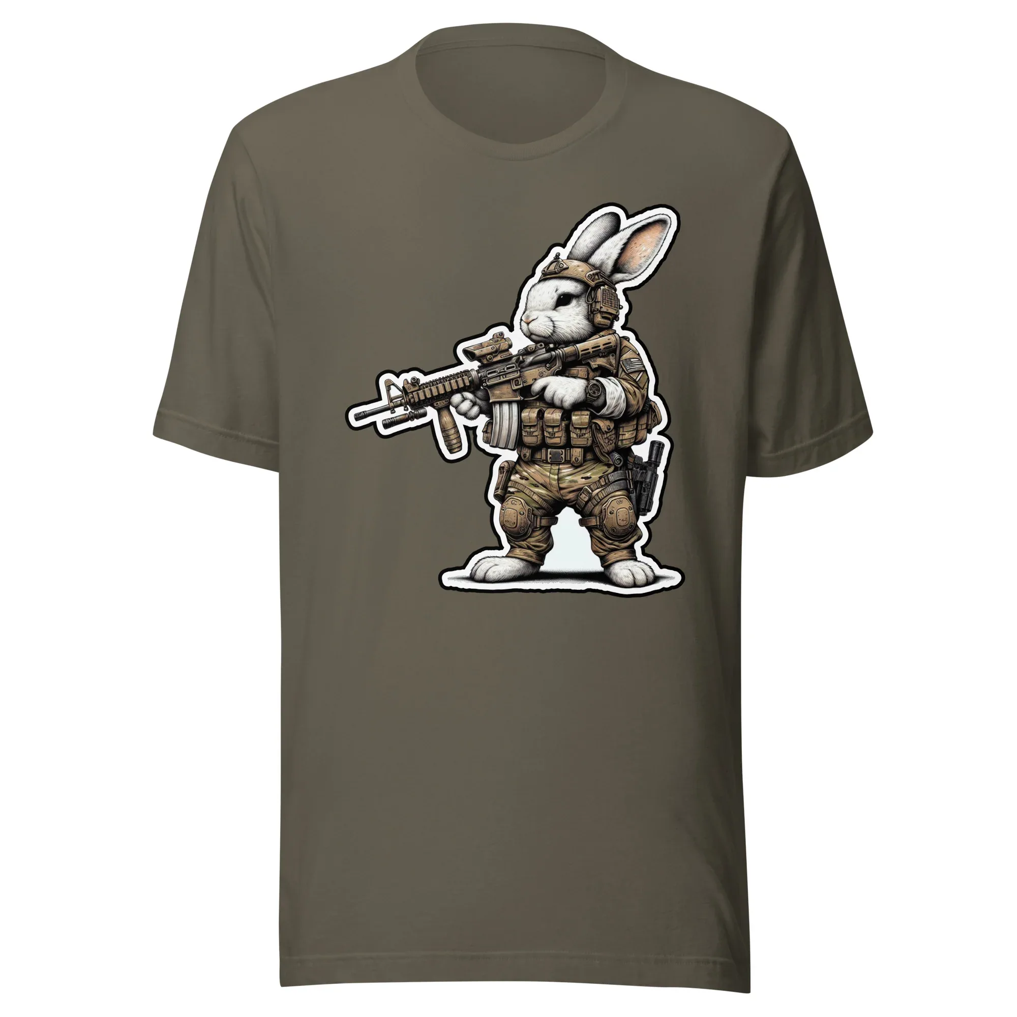 US Tactical Easter Bunny carrying AR15 in the ready Position - Mini Morale - Unisex T-Shirt Bad Bunny Collection - Image 3