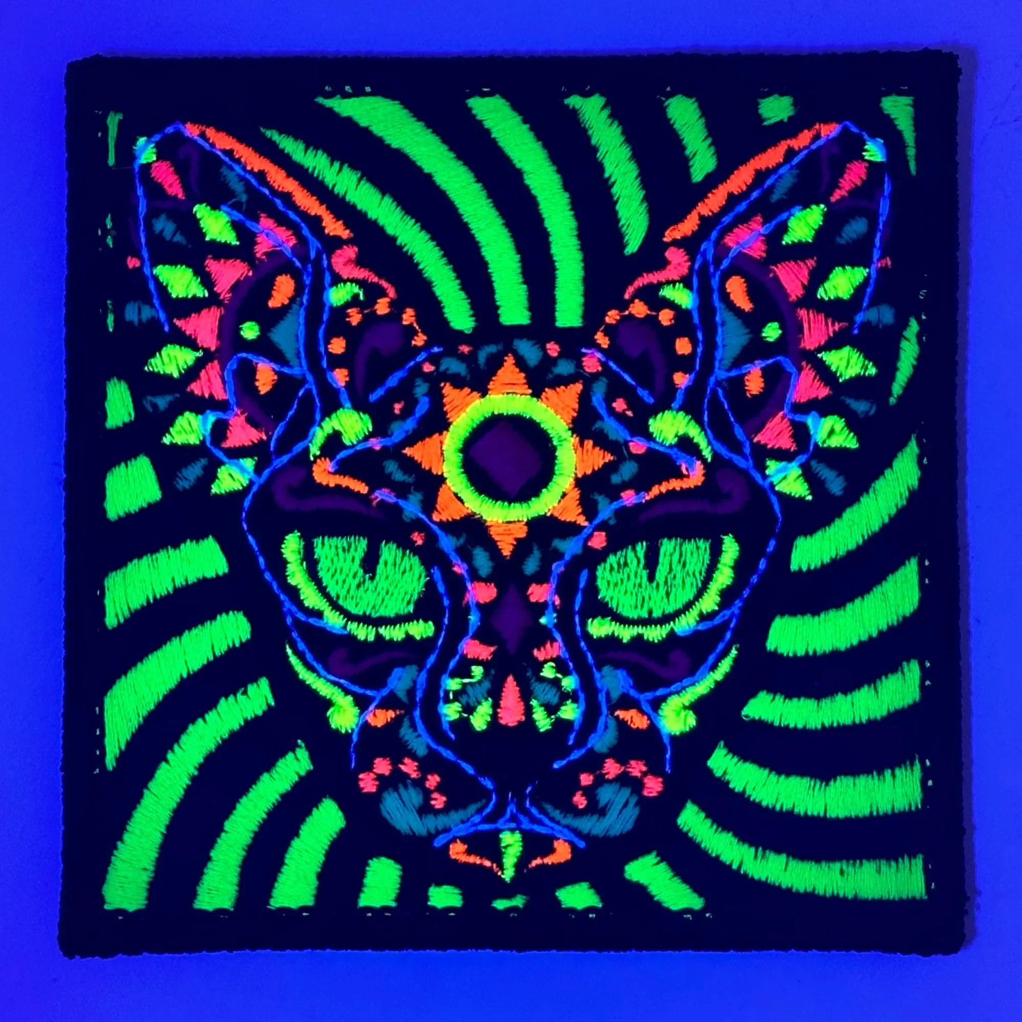 Blacklight Cat Velvet Patch - Amp Up Your Wardrobe with an Trippy, Eye-Catching Fluorescent Thread Magic - Image 2